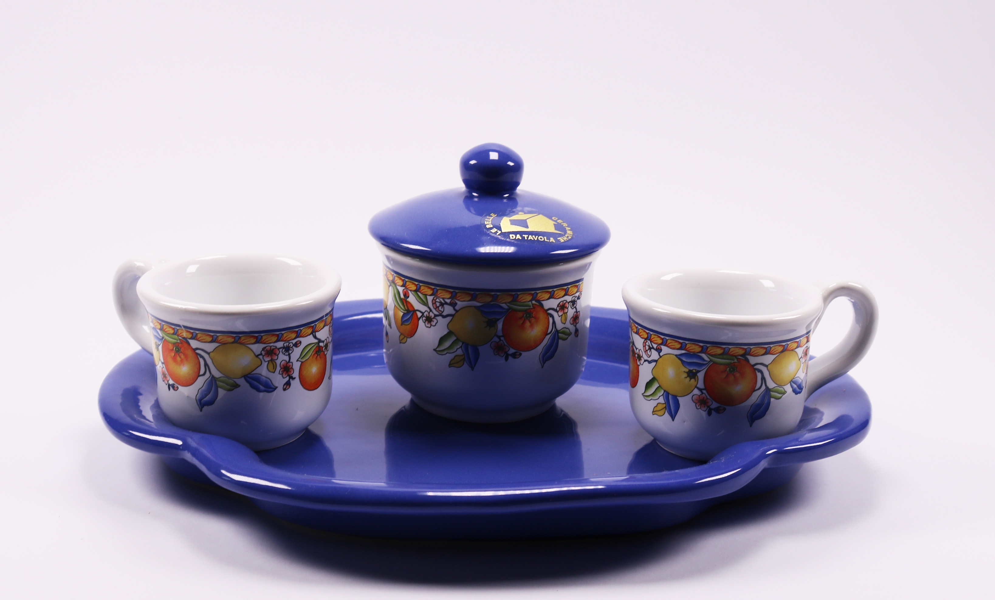Set Of Coffee Cups With Tray Blue Border, Lemons And Oranges