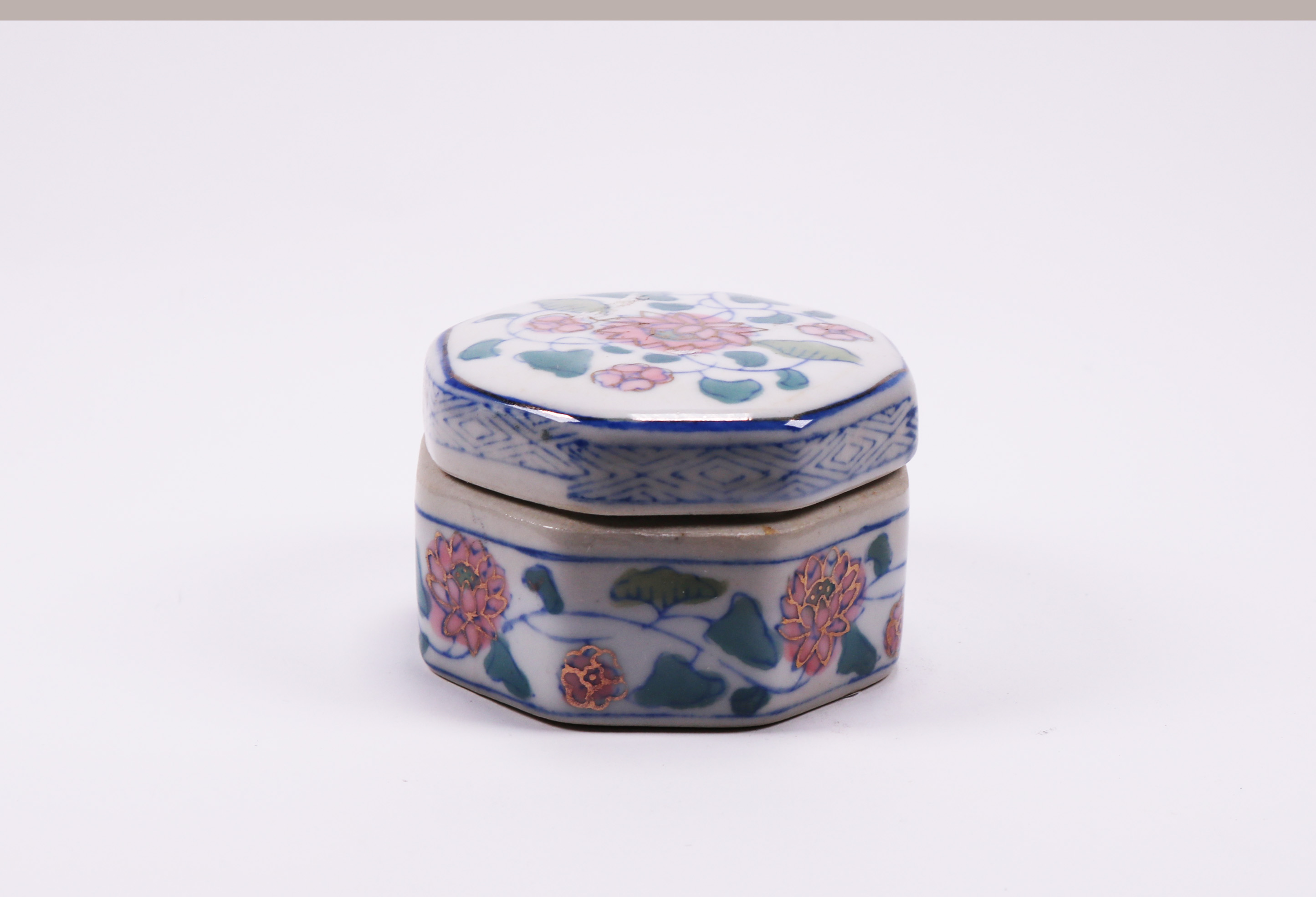 Vintage Porcelain Trinket Ring Box With Blue And White Flowers, Hexagon Shaped Trinket Box