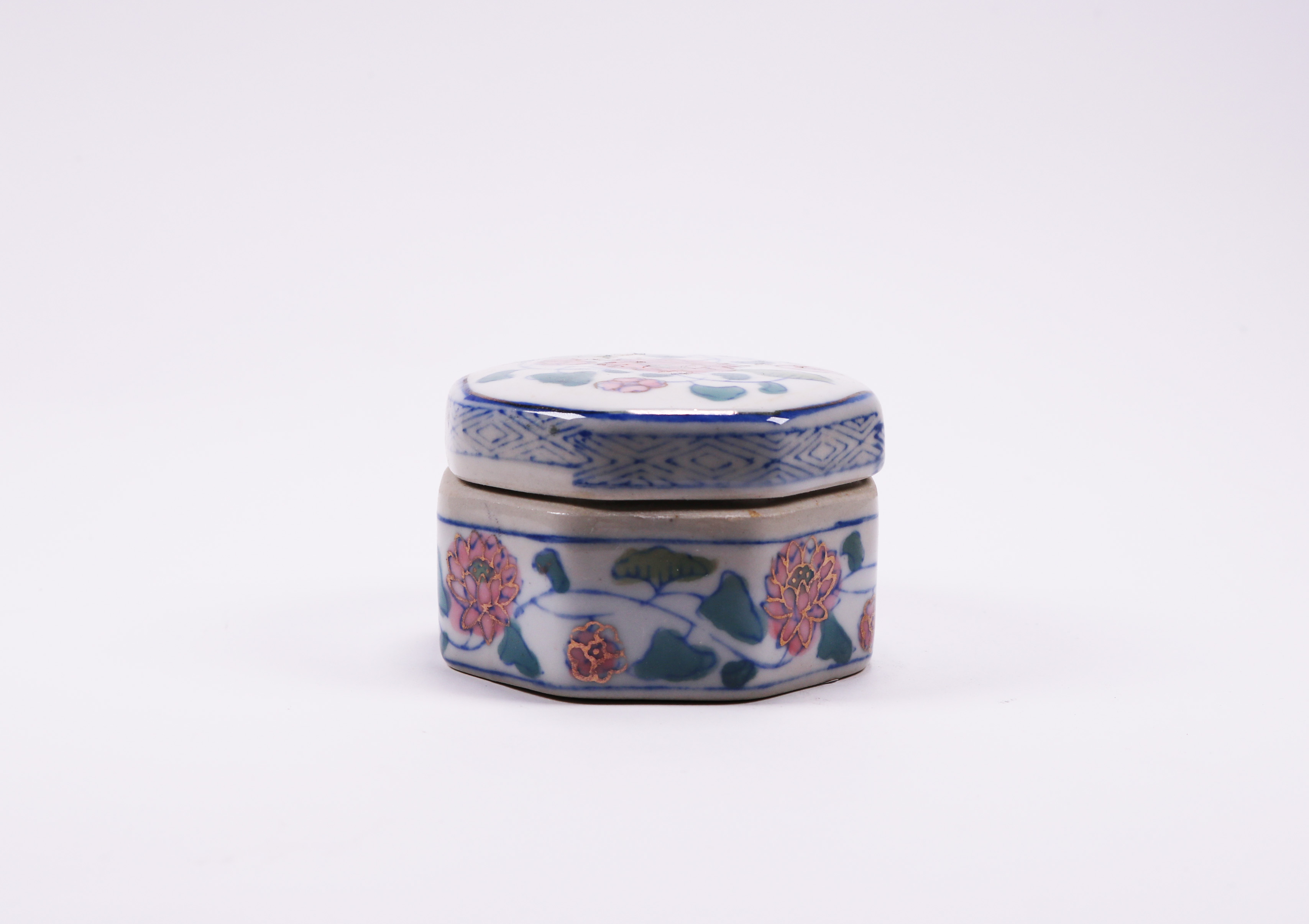 Vintage Porcelain Trinket Ring Box With Blue And White Flowers, Hexagon Shaped Trinket Box