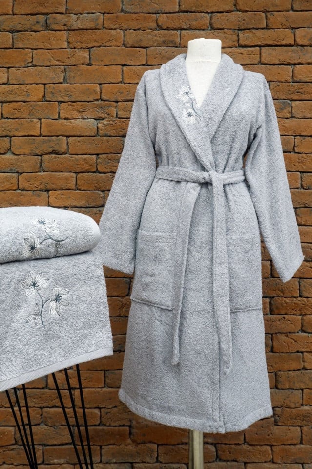 Комплект Халат KAZEL, Kimono + 2 кърпи подарък, сив